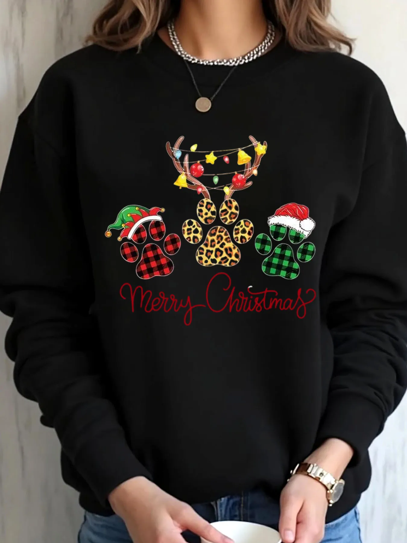 

Женская толстовка большого размера с рождественским принтом лапы, шляпа Санта-Клауса, леопардовая клетчатая одежда с Рождеством, уличная одежда