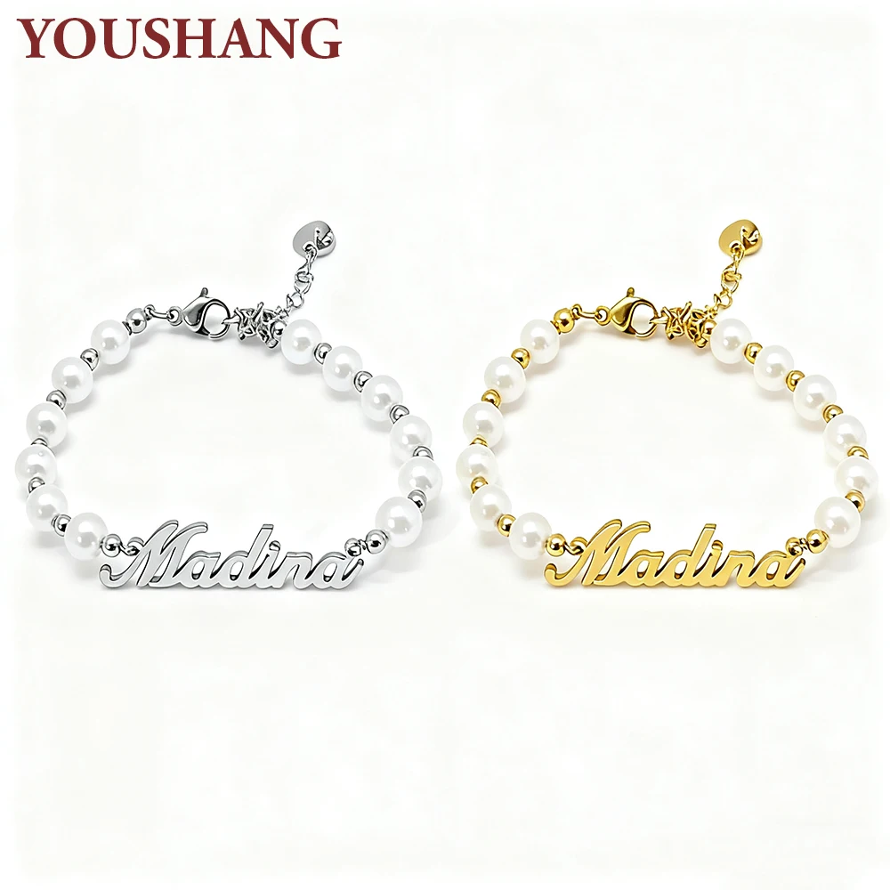 

Personalized Stainless Steel Pearl Chain Bracelet Custom Name Design Fashionable Elegant Jewelry Gift for Mother Wife