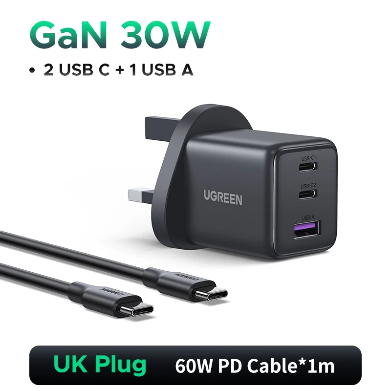 UGREEN 30W GaN-oplader 3 poorten PD 3.0 USB C-oplader voor iPhone 17 16 15 Pro Samsung S25 Xiaomi tablet iPad Air Pro telefoonoplader