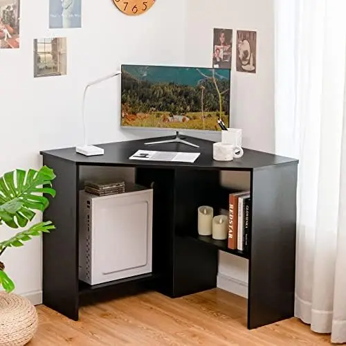 

Corner Desk, 90 Degrees Triangle Computer Desk for Small Space, Bedroom Makeup Vanity Desk with Shelves & CPU Stand, Space