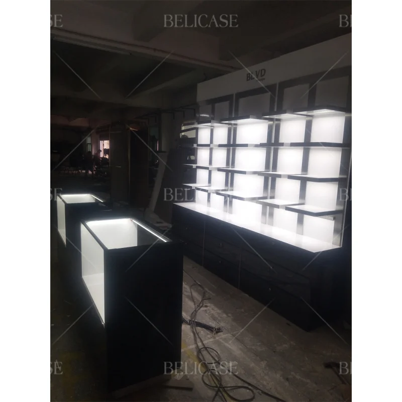 2025customized. clothing store furniture shoe display stand rack hair salon display shelf glass counter showcase wall cabinets f