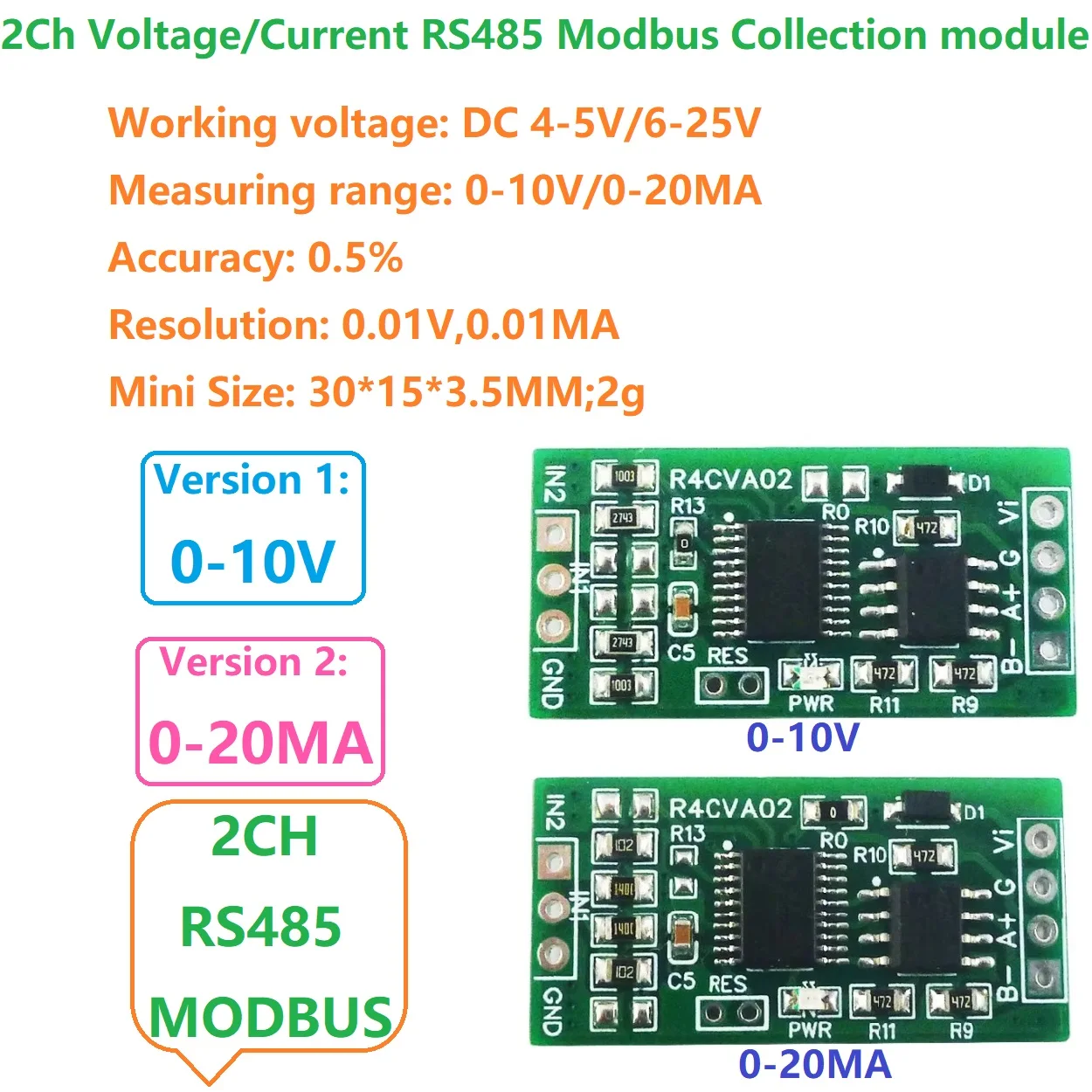 

АЦП 0-5 В 0-10 В 4-20 мА 0-20 мА Последовательный порт UART AI Входной модуль ПЛК Аналоговый ввод-вывод Mini 2-канальный модуль коллектора напряжения и тока RS485