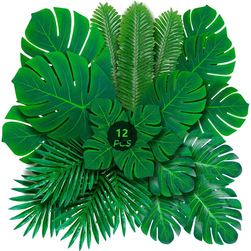 6/12 Stück künstliche Palmblätter, grüne künstliche Seidenschildkrötenblätter für Hawaii, Bankett, Tischdekoration, Hochzeitsthema, Party-Dekoration