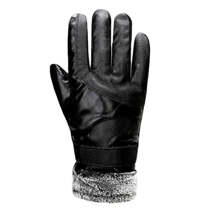 Leather Gloves Men\'s Winter Fleece Thickened Warm Touch Screen Windproof Waterproof Driving Motorcycle Riding Gloves Women\'s Win