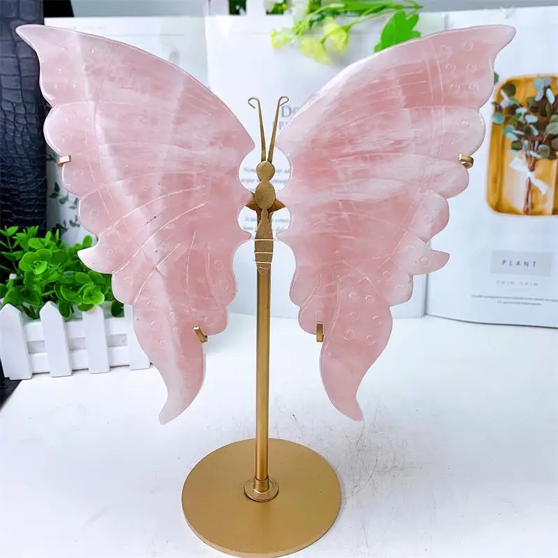 Natural Rose Quartz Butterfly Wings Crystal Carving Healing Gemstone Crafts For Girl Birthday Present Decorations 1pair