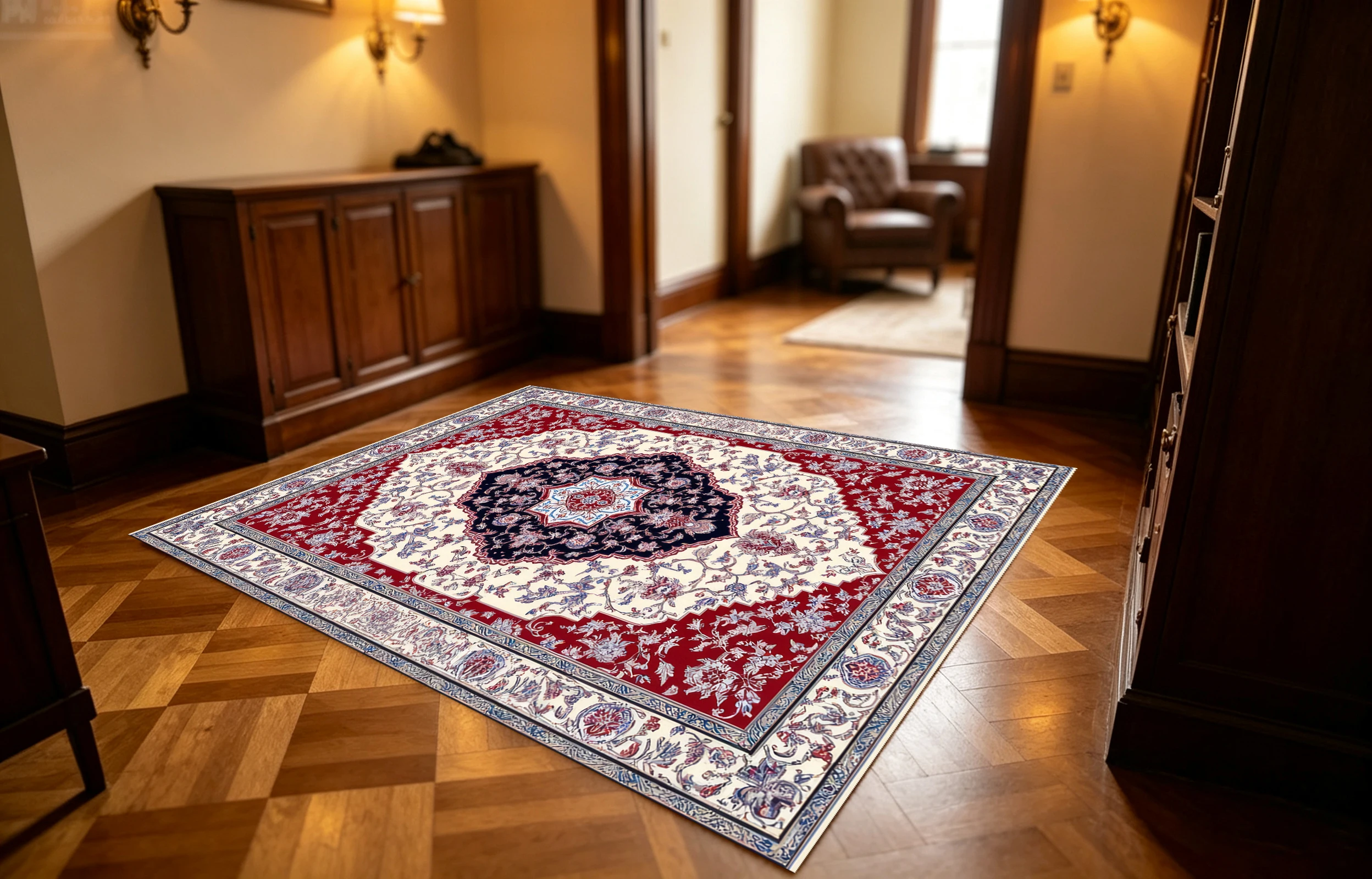 2D Large Rug with Red, Brown, and Beige Color Blocking, Featuring a Retro Persian Pattern. a Vintage, Luxurious Style, Soft