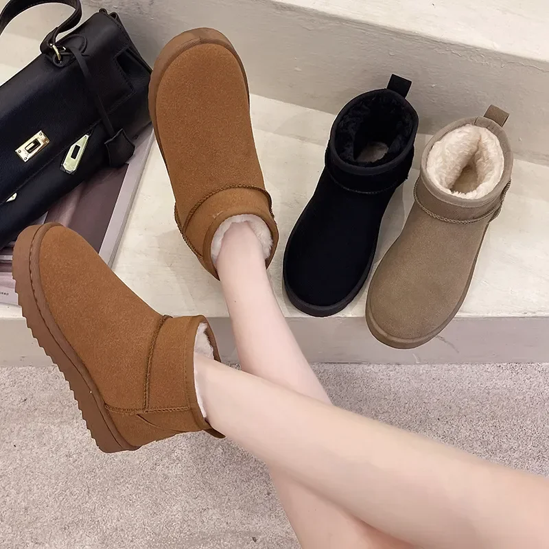 New Snow Boot Style Short Mini Winter Sheepskin Boots Women Waterproof Natural Wool Ankle Boots Fur Lined Ankle Warm Flat Shoes