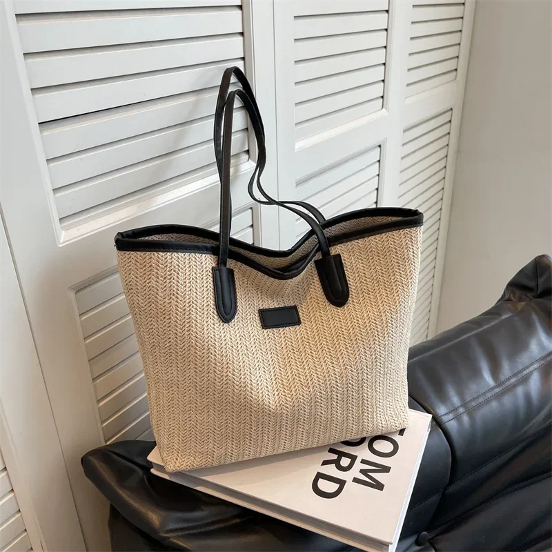 Straw large capacity fashion splicing handbag commuter texture shoulder underarm bag casual tote bag