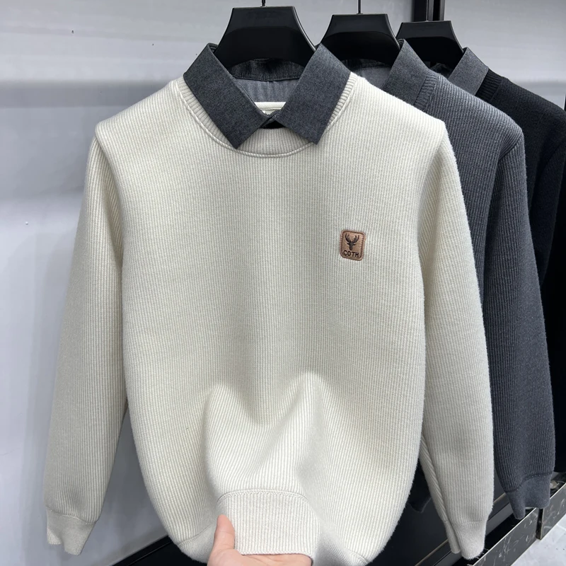 الرجال مصمم الأصلي الصوف مبطن متماسكة سترة وهمية قطعتين قميص طوق البلوز الدافئة عادية الخريف الشتاء كم طويل