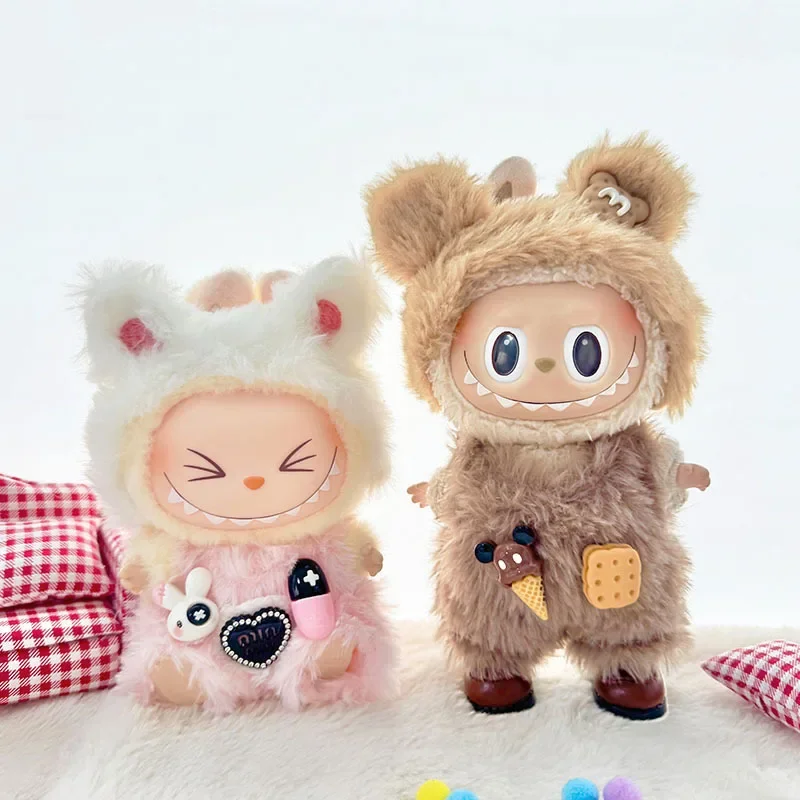 لدمى Labubu الكرتون لطيف صغير أفخم ملابس دمى حزام فستان أطفال مع سروال داخلي أفخم الحيوان الملابس الدمى DIY بها بنفسك اكسسوارات الهدايا