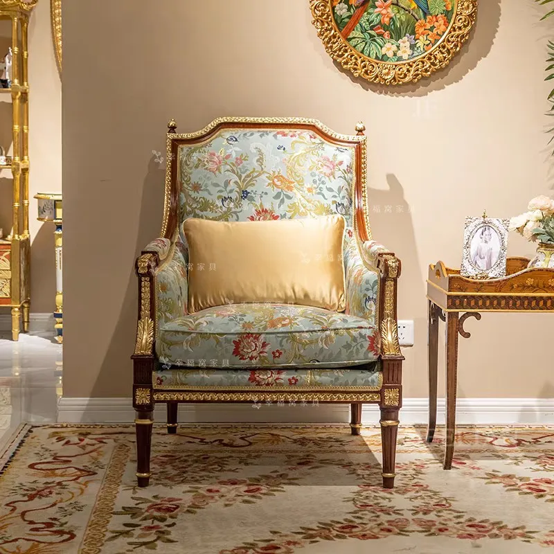 French European Solid Wood Carving Single Sofa Classical Luxury embroidery Fabric Villa Exhibition Hall Tiger Chair