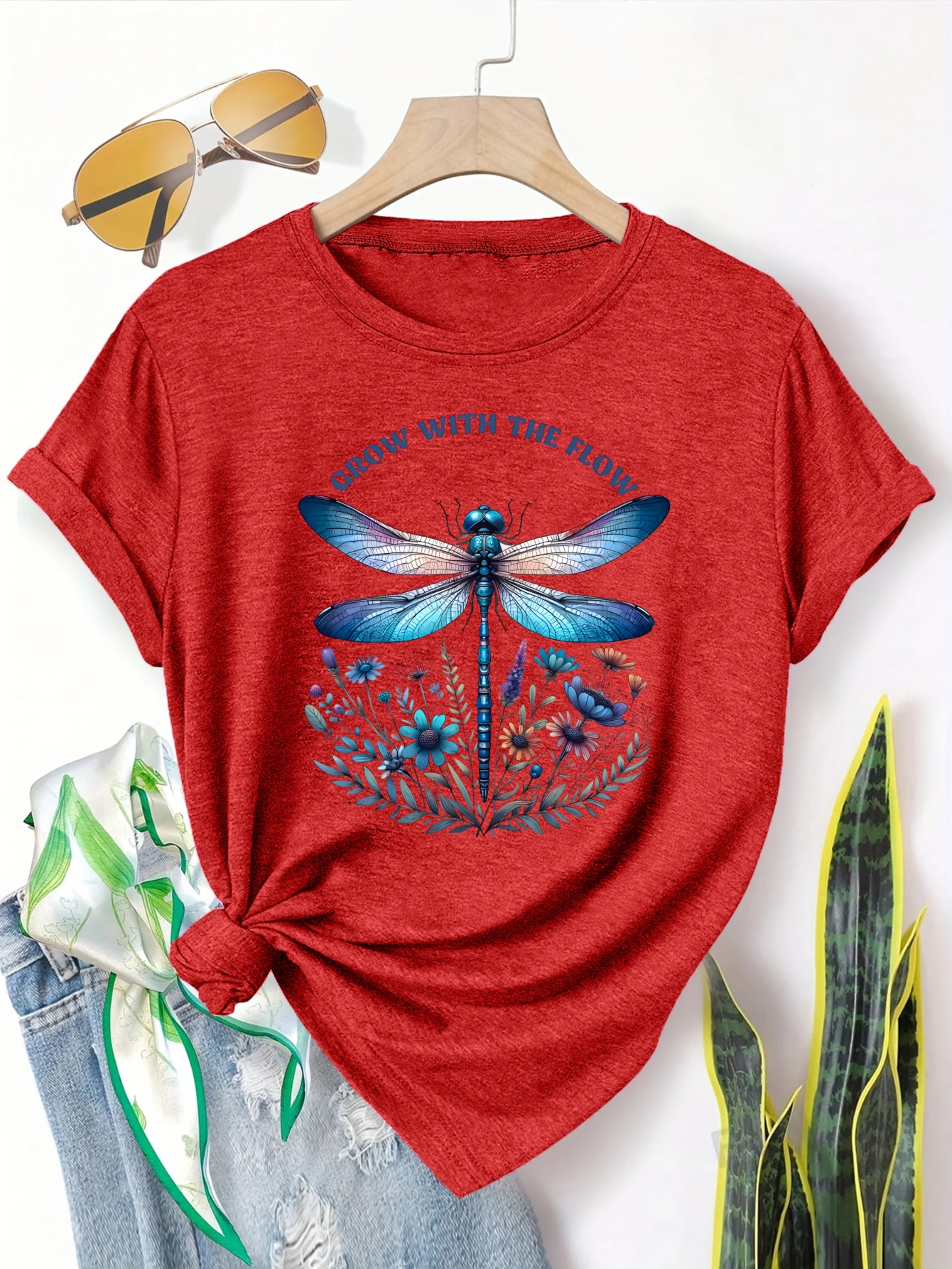 

Plus size women's short sleeve T-shirt Dragonfly Flowers And Leaves Design Spring and Summer Essentials summer outfits women's