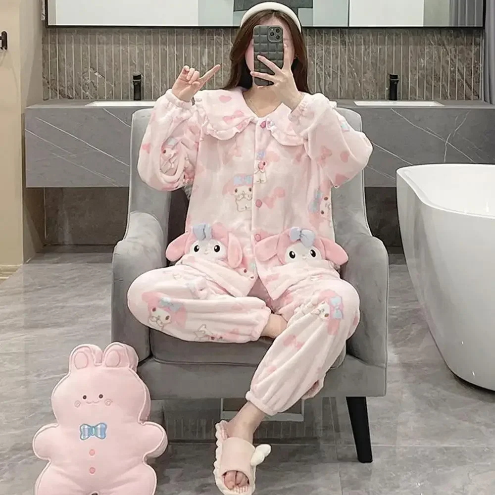 Kawaii Sanrioed 2 قطعة سينامورول منامة دعوى Homewear المرجان الصوف لينة ميلودي سترة بلايز فستان أطفال مع سروال داخلي النساء أفخم ملابس خاصة