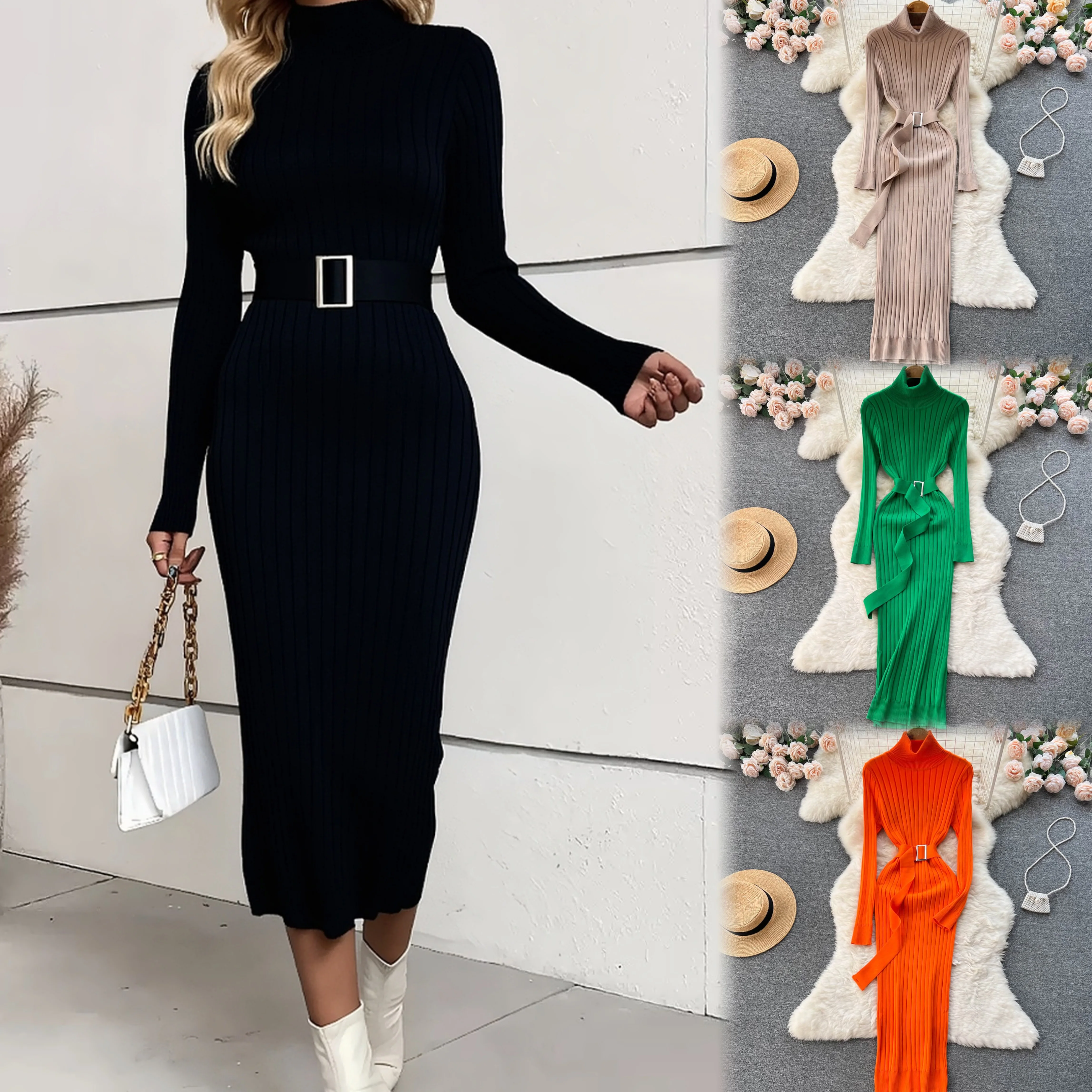 YuooMuoo Chic Mode Sexy Wrap Hüften Gestrickte Lange Kleid 2025, Herbst Winter Gerippte, Figurbetontes Pullover Kleid Streetwear Dame Outfits