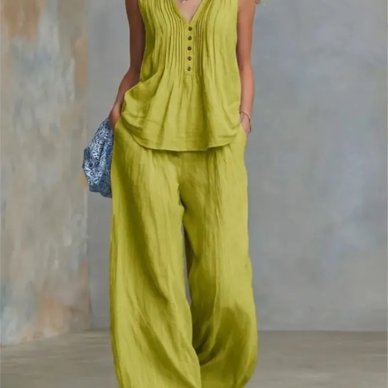 

2026 new summer Retro Solid Set Woman Elegant V Neck Sleeveless Top And Wide Leg Pocket Trousers Suit Sleeveless Summer Outfit
