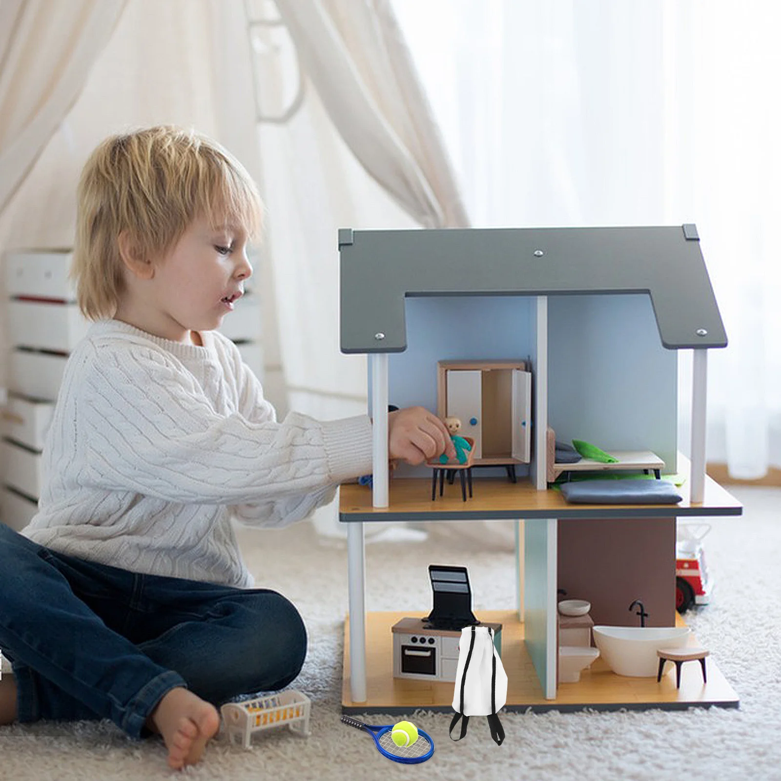 2Sets Mini Tennisracket Set Bal Realistisch Sportaccessoire Poppenhuis Miniatuur Opbergtas Creatief Speeltennis Speelgoedset