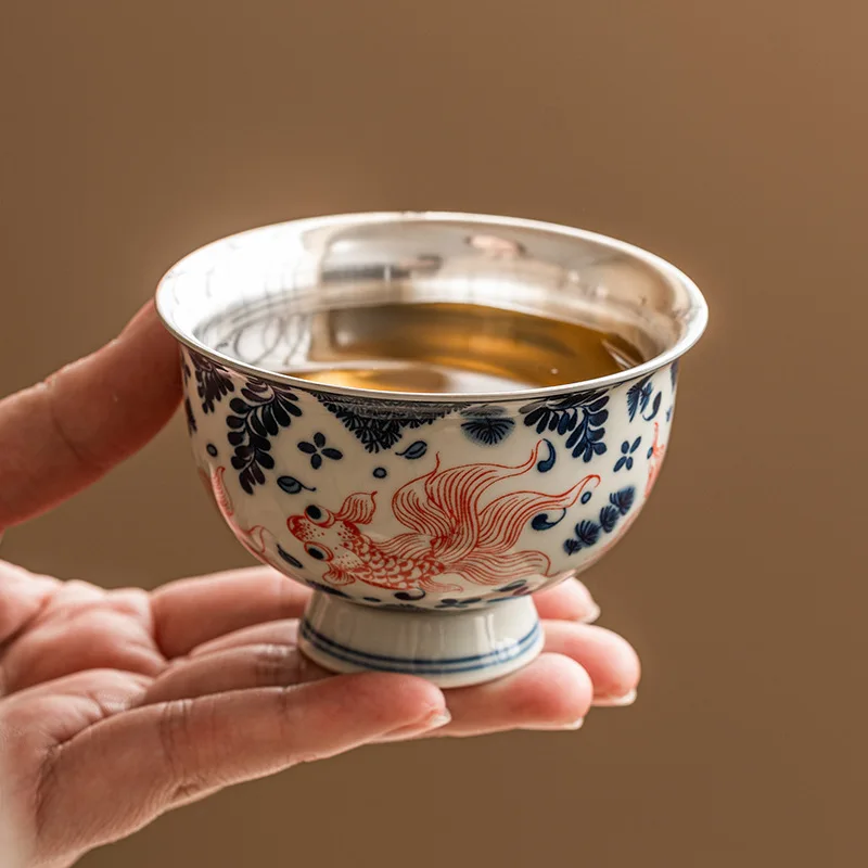 Textual Gold Gold Swimming Teacup Master Cup Home Tea Cup High-grade Kung Fu Tea Set Personal Sample Tea Cup