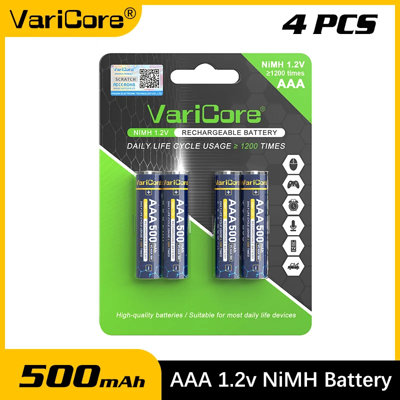 

VariCore AAA 500mAh 1.2V Ni-MH Rechargeable Batteries High Capacity for Digital Camera/RC Toy/Flashlight Long Cycle Life Eco-Fr