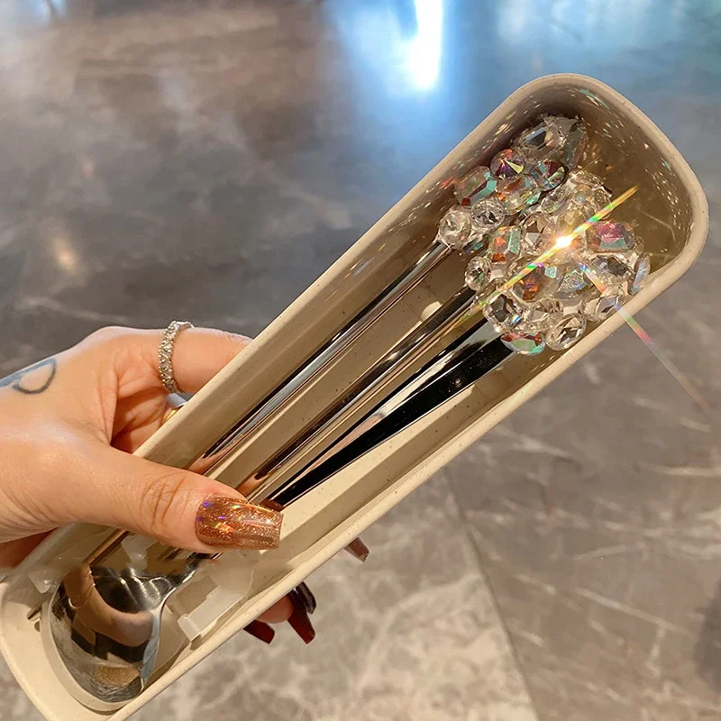 Luxury Diamonds Stainless Steel Tableware Chopsticks Spoon Set with Storage Box Student Office Worker Portable Tableware Travel