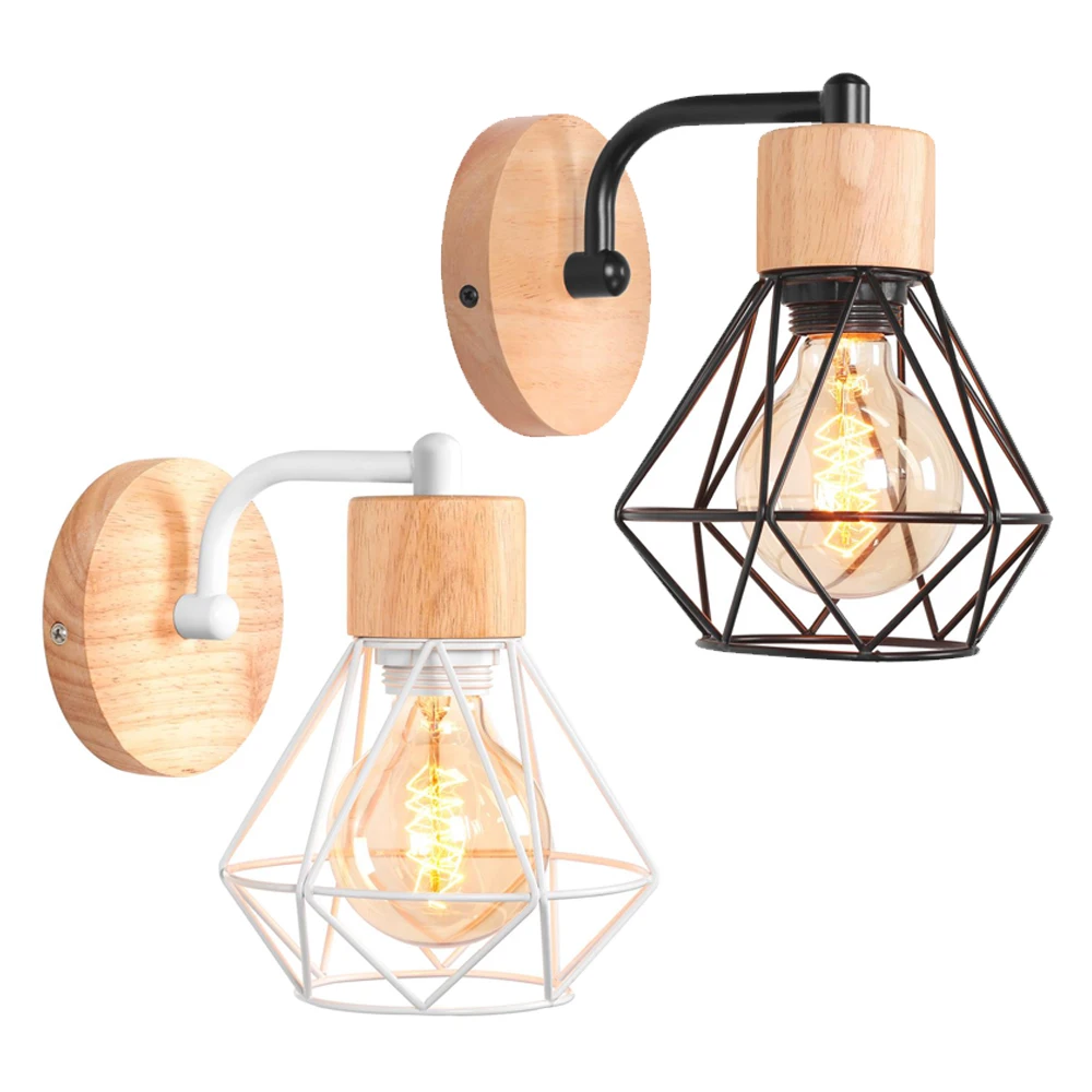 

Modern Wood Wall Lights American Iron Wall Lamps Lampshade Vintage Cage Wall Sconce Bedroom Bedside Lamp Indoor Lighting Fixture