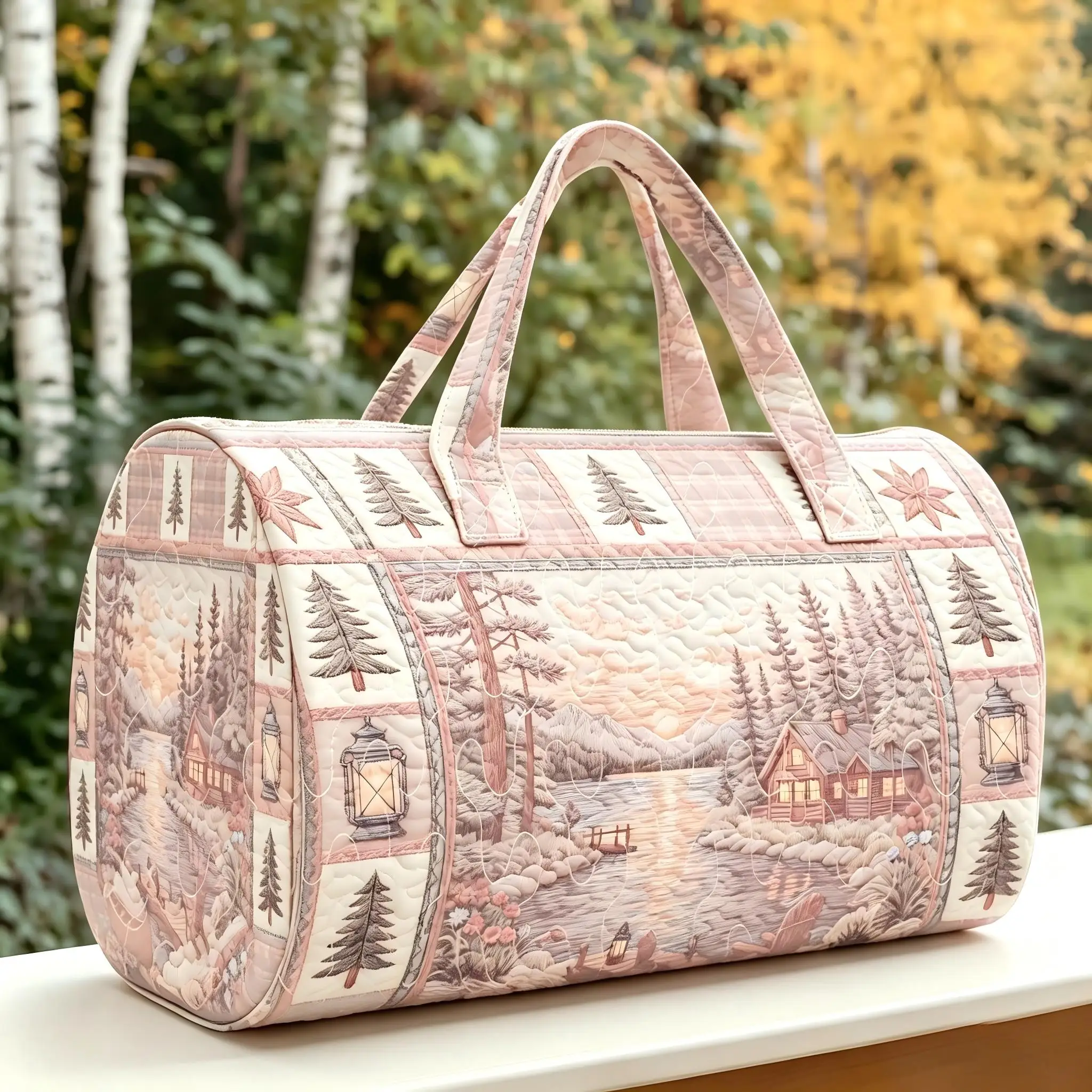 Four Seasons Boston Bag for Women in Rural America Large Capacity Forest Cabin Printed Outdoor Weekend Travel Handbag