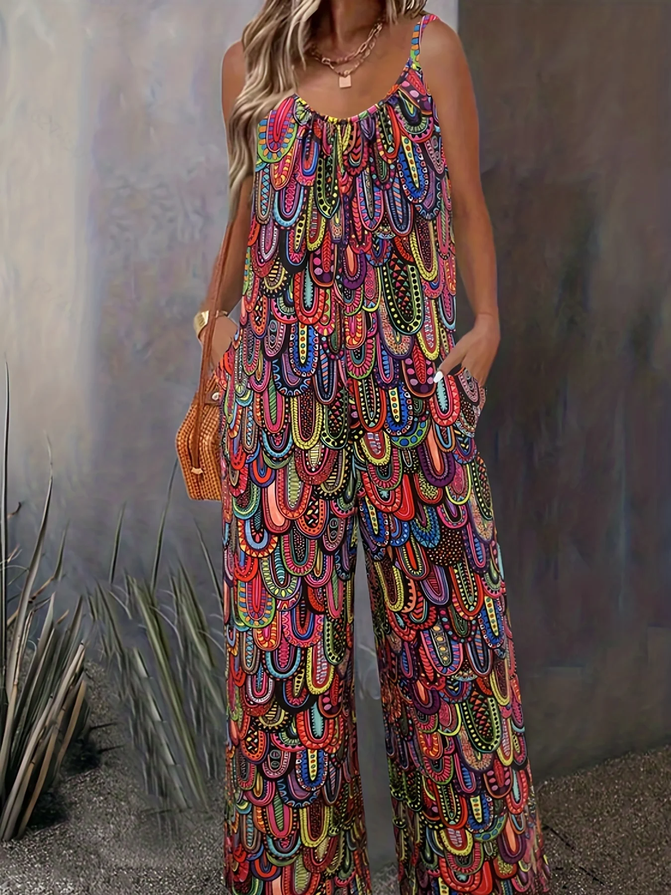 Graphic Print Wide Leg Jumpsuit  Boho Sleeveless Jumpsuit For Spring & Summer Womens Clothing