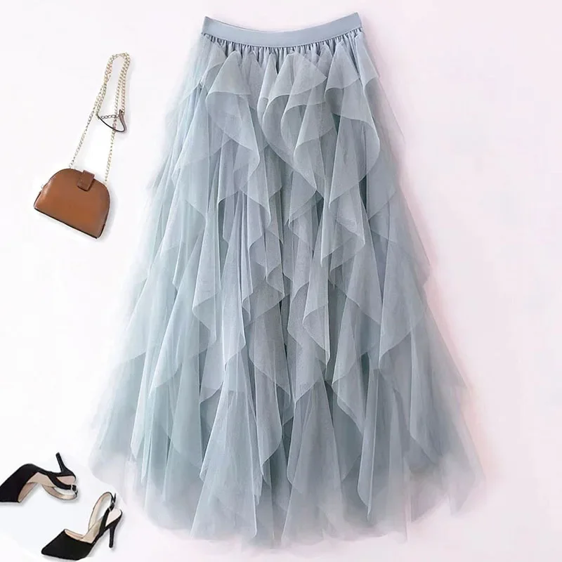 Jupe longue en maille plissée taille haute pour femmes, couleur unie, à volants irréguliers, robe de bal, en Tulle, douce et adorable, Tutu, jupe trapèze