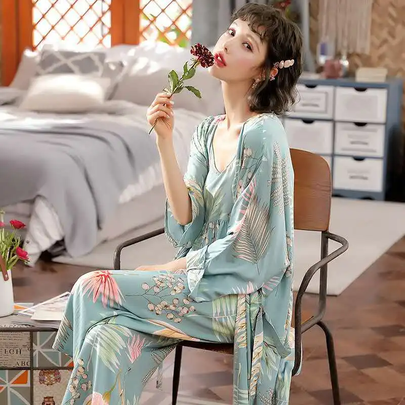 Spring Autumn Women\'s Three-piece Pajamas Milky Silk Sleepwear Pyjamas Set Spaghetti Strap Tops Pants Robe Cute Homewear Pijama