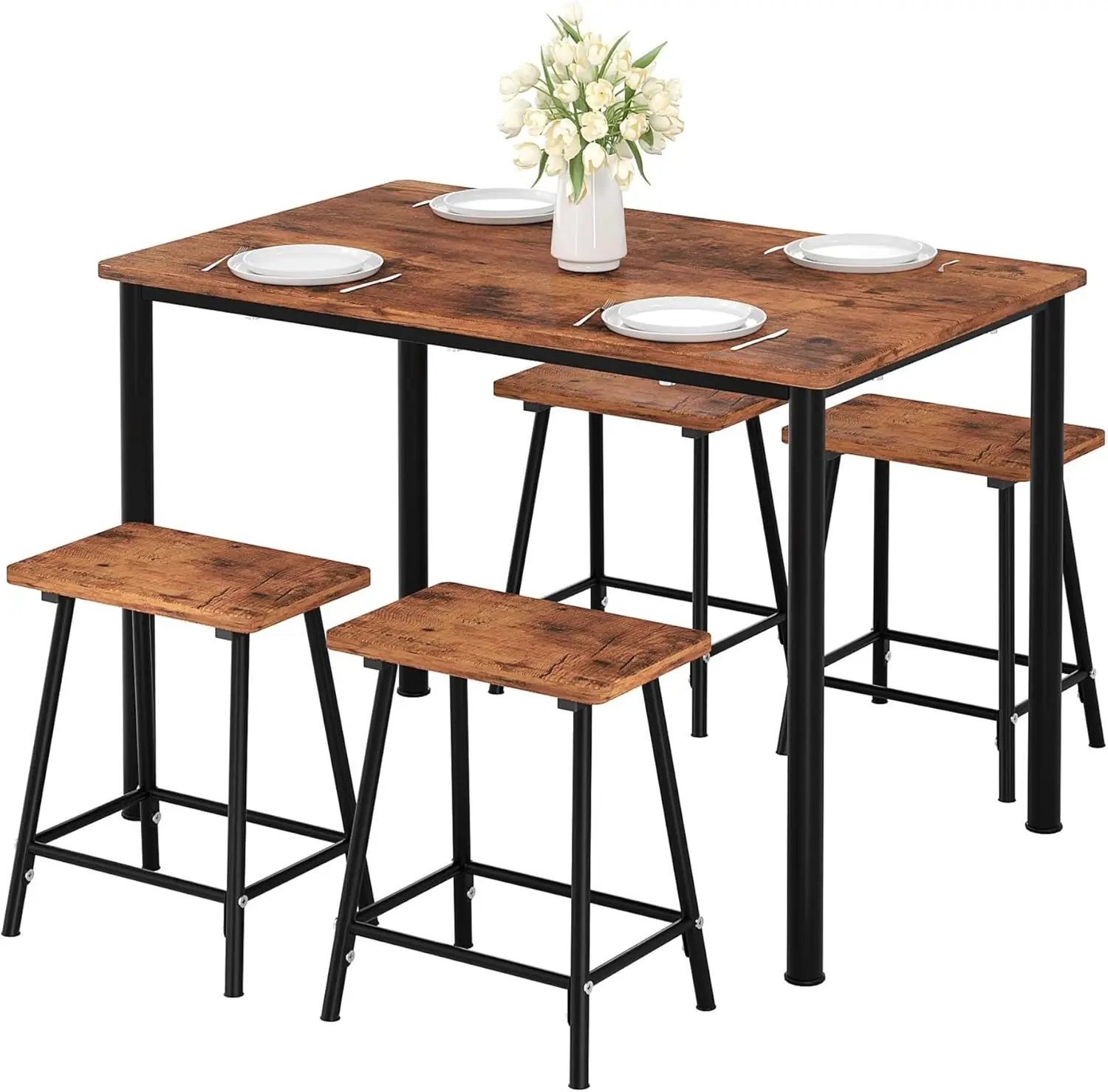 

Kitchen Table and Chairs for 4, Dining Room Set with Chairs/Stools, Heavy-Duty Metal Frame with Wooden Tabletop for Small Spaces