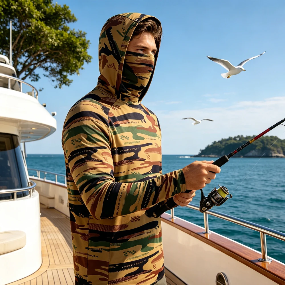 Men Long Sleeve Fishing Shirts UPF50 Sun Protection Fishing Hoodies Camouflage Face Mask Quick Dry Breathable Outdoor Clothing