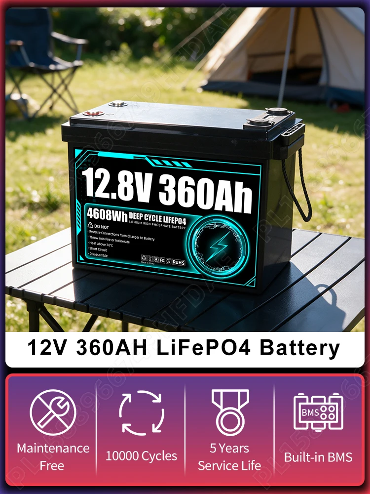 Neue 12V 360Ah LiFePO4-Batterie mit hoher Kapazität, unterstützt 10.000 Tiefentladungszyklen, Klasse A, 12,8V wiederaufladbare Lithium-Eisenphosphat-Zellen für Wohnmobil,