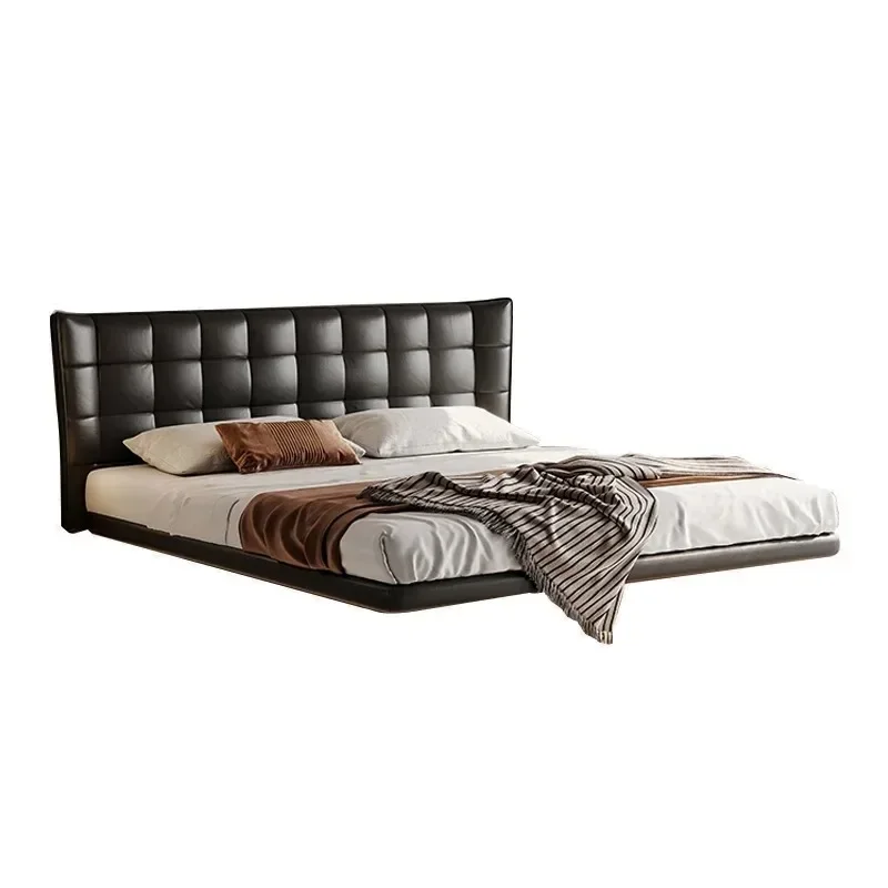 High-grade minimalist suspension light luxury modern black leather retro master bedroom double solid wood soft