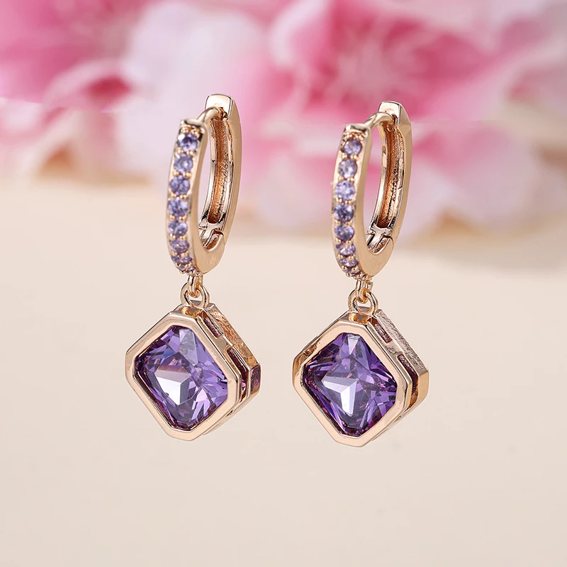 Fashion Drop Earring For Women Purple Cubic Zircon Female Earrings New Trendy Lady\'s Ear Accessories Wedding Party Jewelry Gift