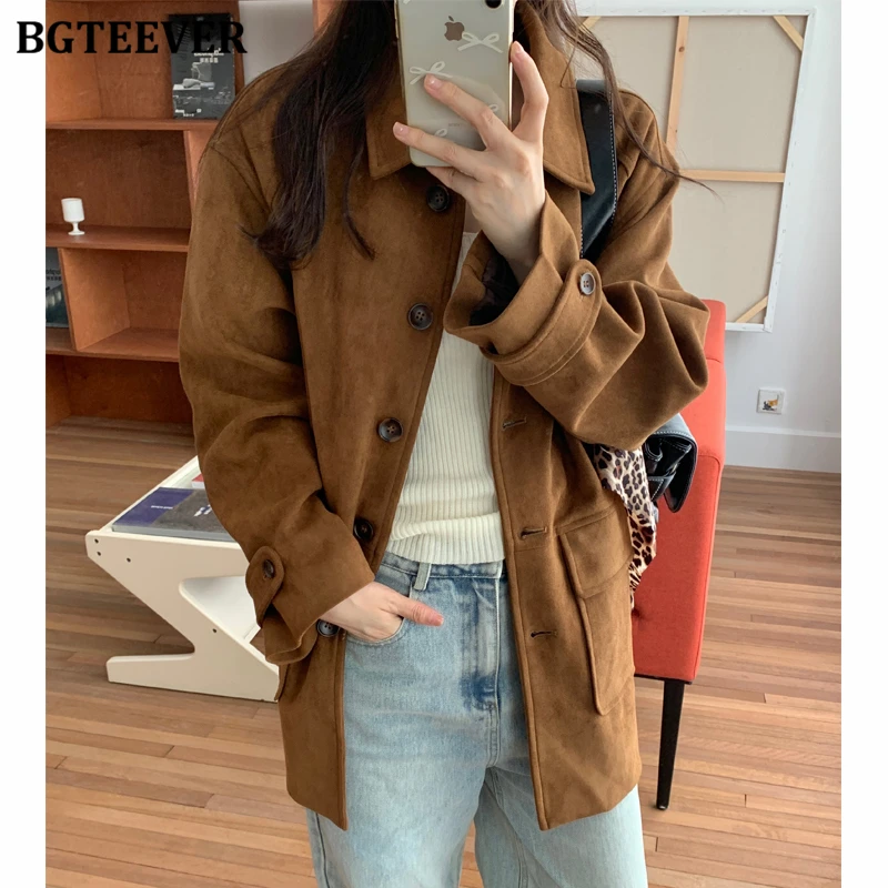 BGTEEVER Vintage Loose Long Sleeve Pockets Female Solid Basic Jackets Autumn Winter Fashion Lapel Women Single-breasted Coats