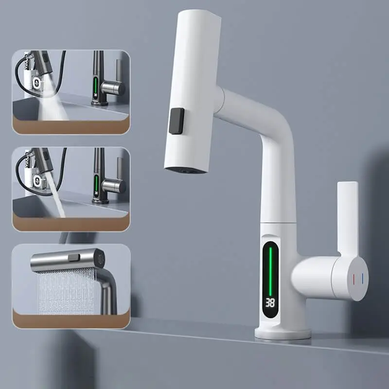 Pulling Lifting Digital Display Faucet, 3 in 1 360° Swivelling Waterfall Kitchen Tap, Stainless Steel Adjustable Height Pull-Out