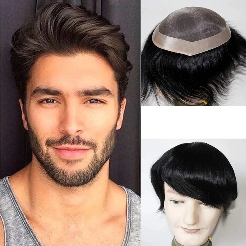 

Men Toupee 100% Human Hair Mono Base Lace with PU Perimeter Straight Hair 30mm Wave Men Hair System Replacement