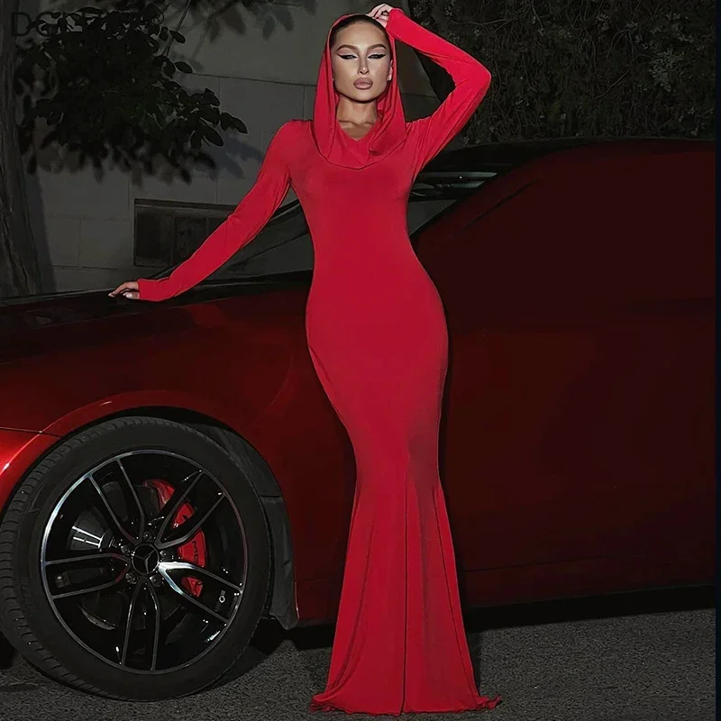 

Hooded Long Sleeve Maxi Dresses For Women 2024 Autumn Winter Bodycon Long Dress Party Night Club Dresses Red Black