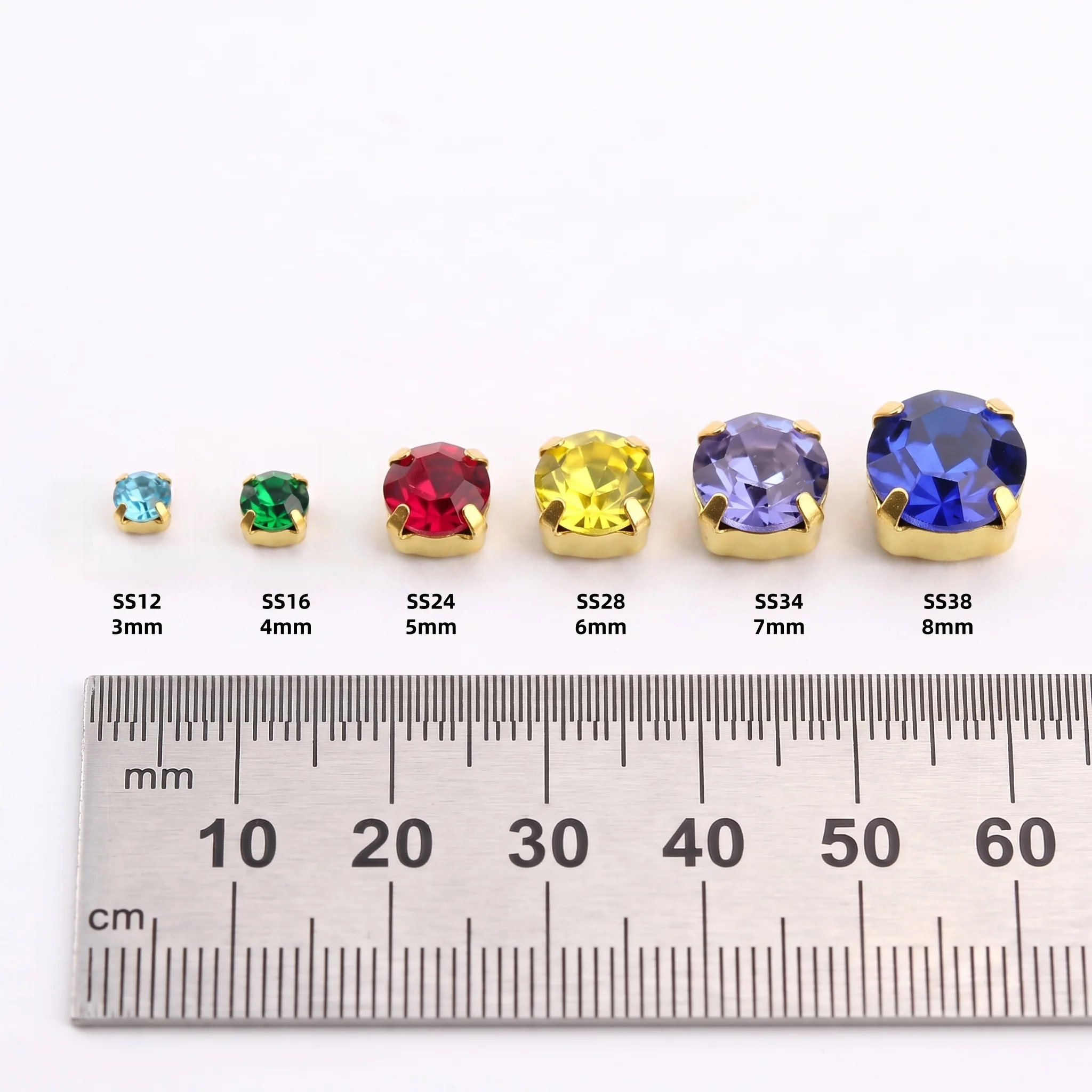 Bunte Glaskristall-Strasssteine mit Goldfassung 3mm 4mm 5mm 6mm 7mm 8mm in Fantasiefarben, runde Form, zum Aufnähen für Kleidungsstücke DIY – Detail 2