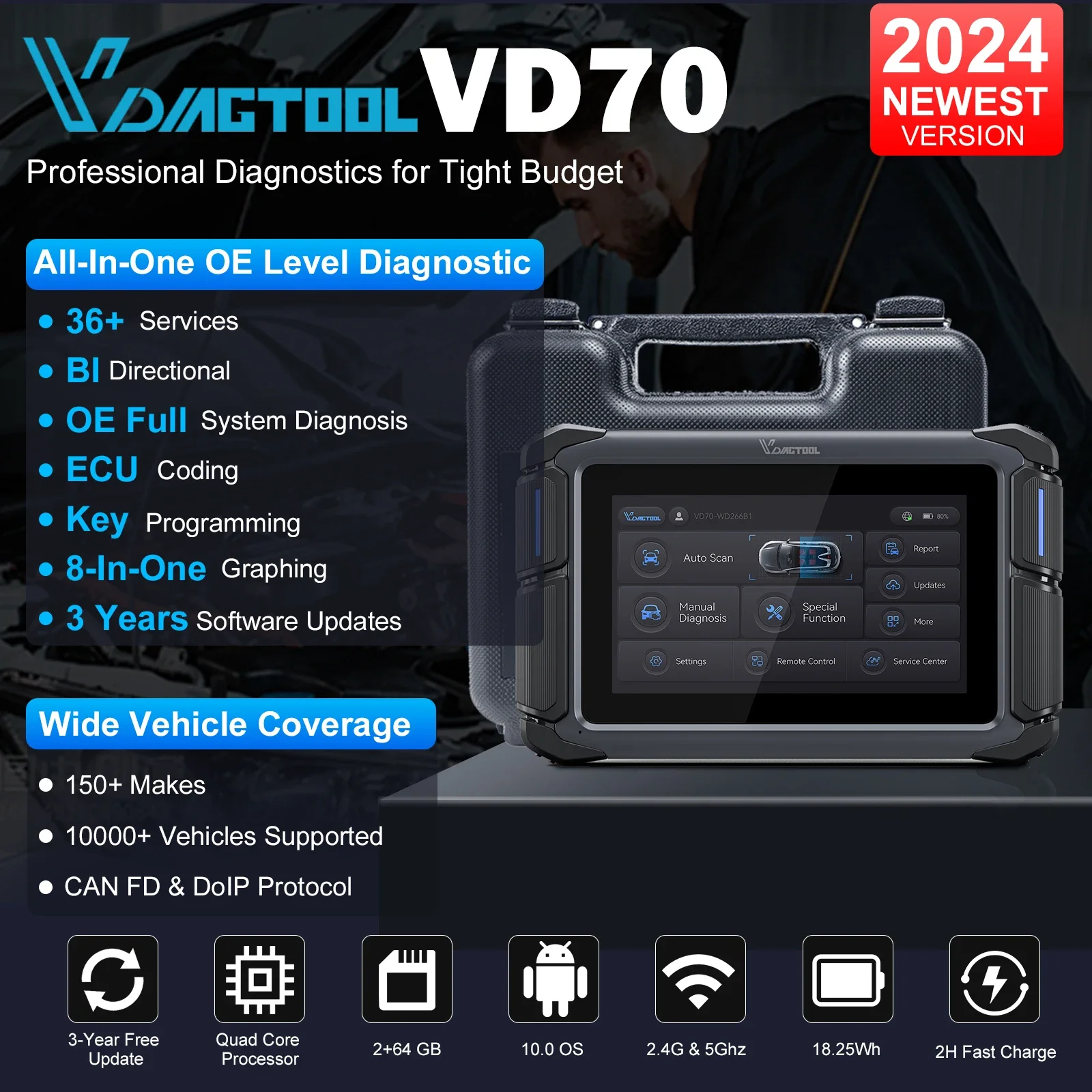 VDIAGTOOL VD70 Automotive Diagnostic Tool OBD2 Cars Scanner Key Programming Vehicles Diagnostic Tool with 36+ Services