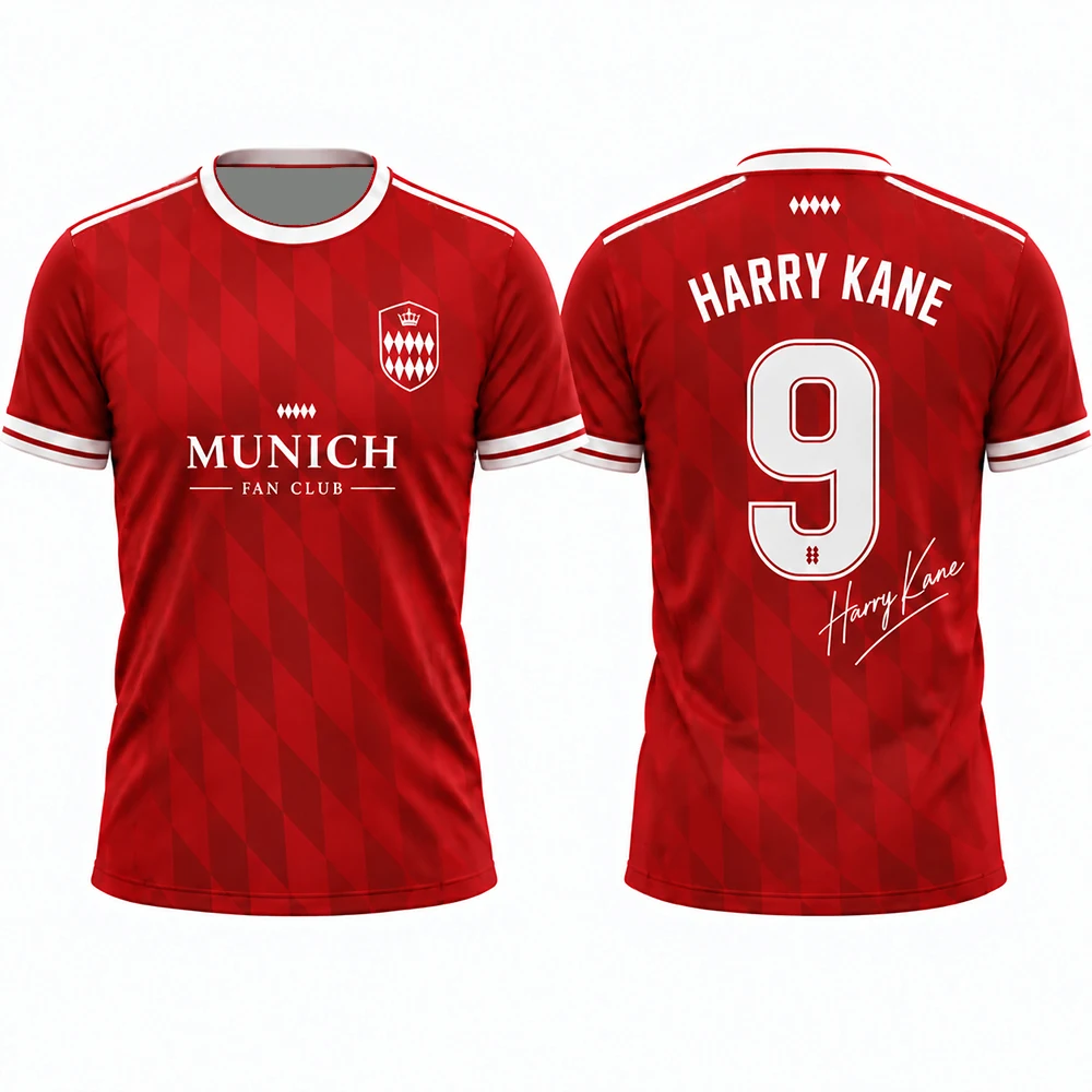 Harry Kane No.9 Munich Fan Club Soccer Jersey, Red Diamond Mesh Football Shirt, Breathable Quick Dry Fans T-shirt