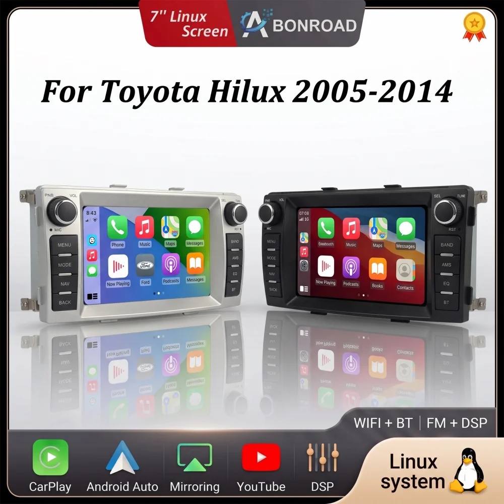 BONROAD, autoradio da 7 pollici con sistema Linux, CarPlay wireless e Android Auto per Toyota Hilux 2005-2014, dotata di YouTube, Bluetooth, RDS, DSP, GPS, navigatore e lettore multimediale.