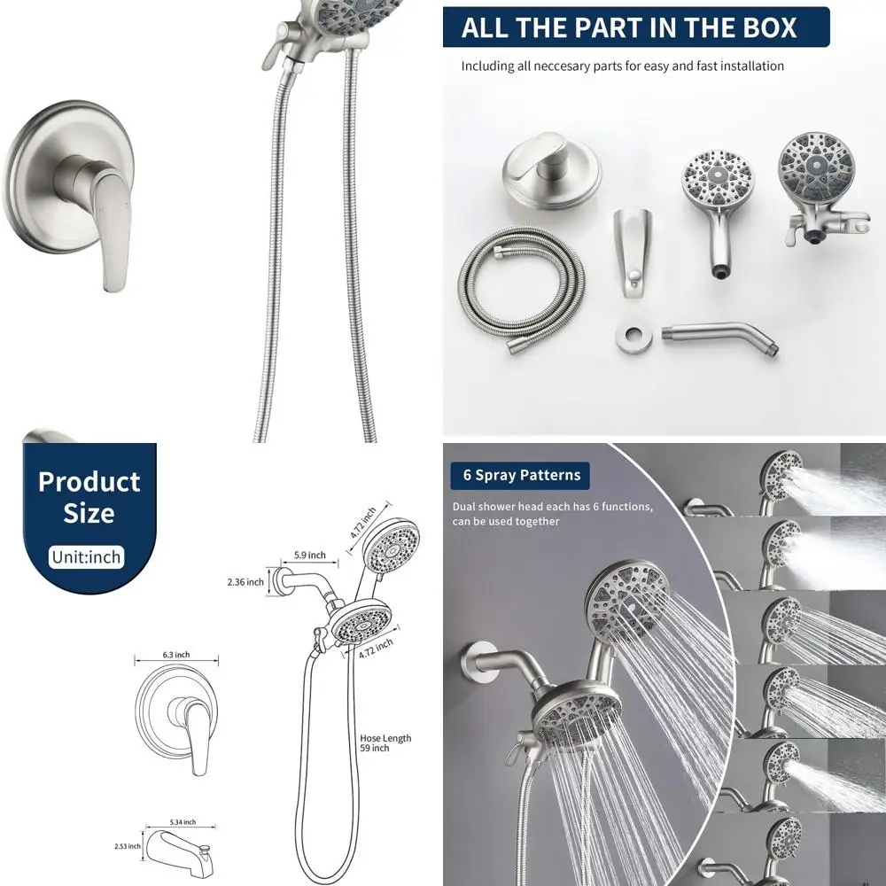Dual Shower Head and Handheld Combo with Tub Spout, Brushed Nickel Shower System Kit