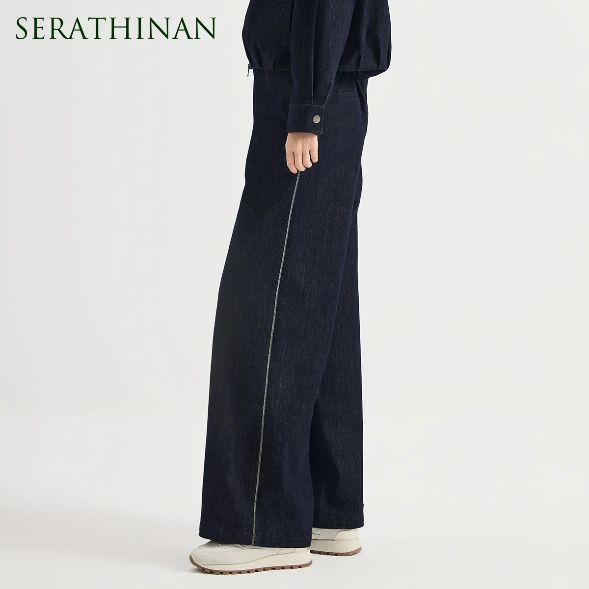KX9623982 Women's Refined Cotton Stretch Denim Wide Leg Trousers Lurex Side Chain Stripe Elasticated Waist Casual Elegant Autumn