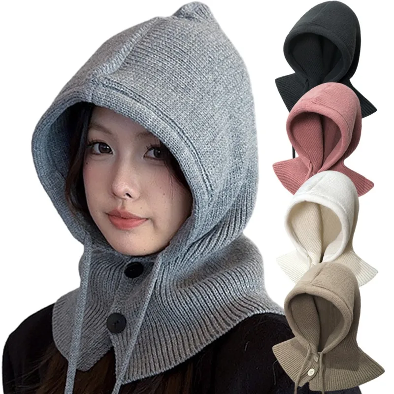 

Winter Balaclava Hats for Women Unisex Knitted Hooded Caps Outdoor Warmer Drawstring Hat One-Piece Neck Collar Beanies Cap