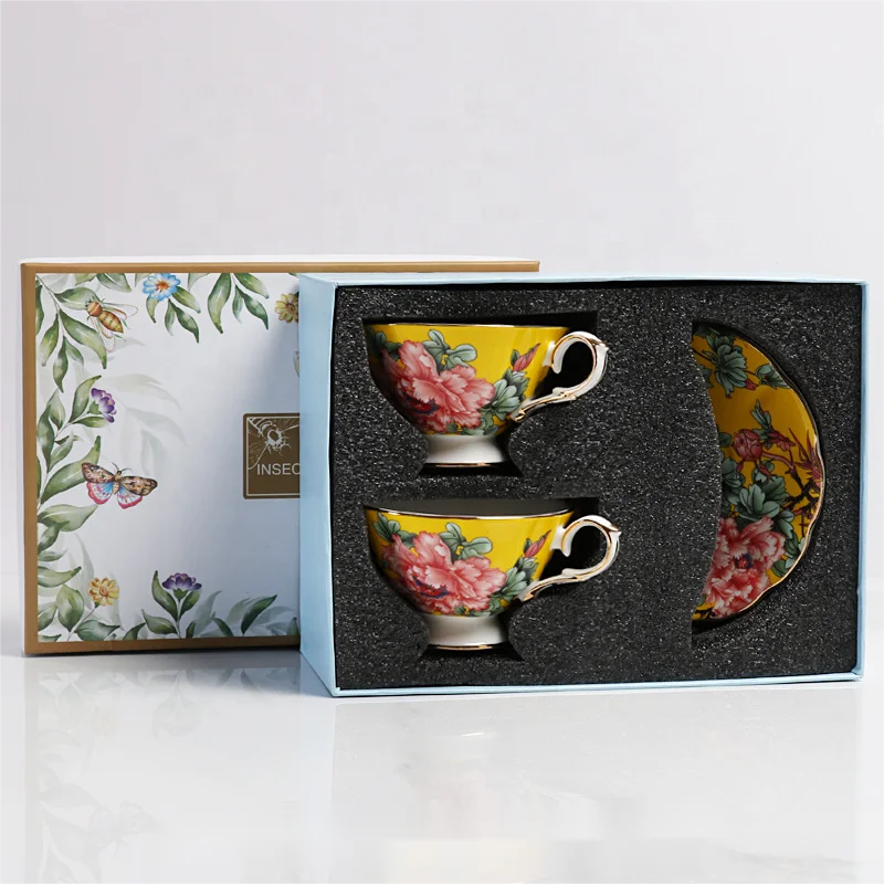 250ml Bone China Coffee Set Gift Box Set, Luxury Retro Gorgeous Pattern, Court Style