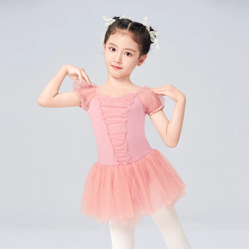 Girls Pink Ballet Dress Cute Dance Leotard with Skirt Kids Ballet Leotard with Tutu Cotton Gymnastic Bodysuit Ballerina Outfit