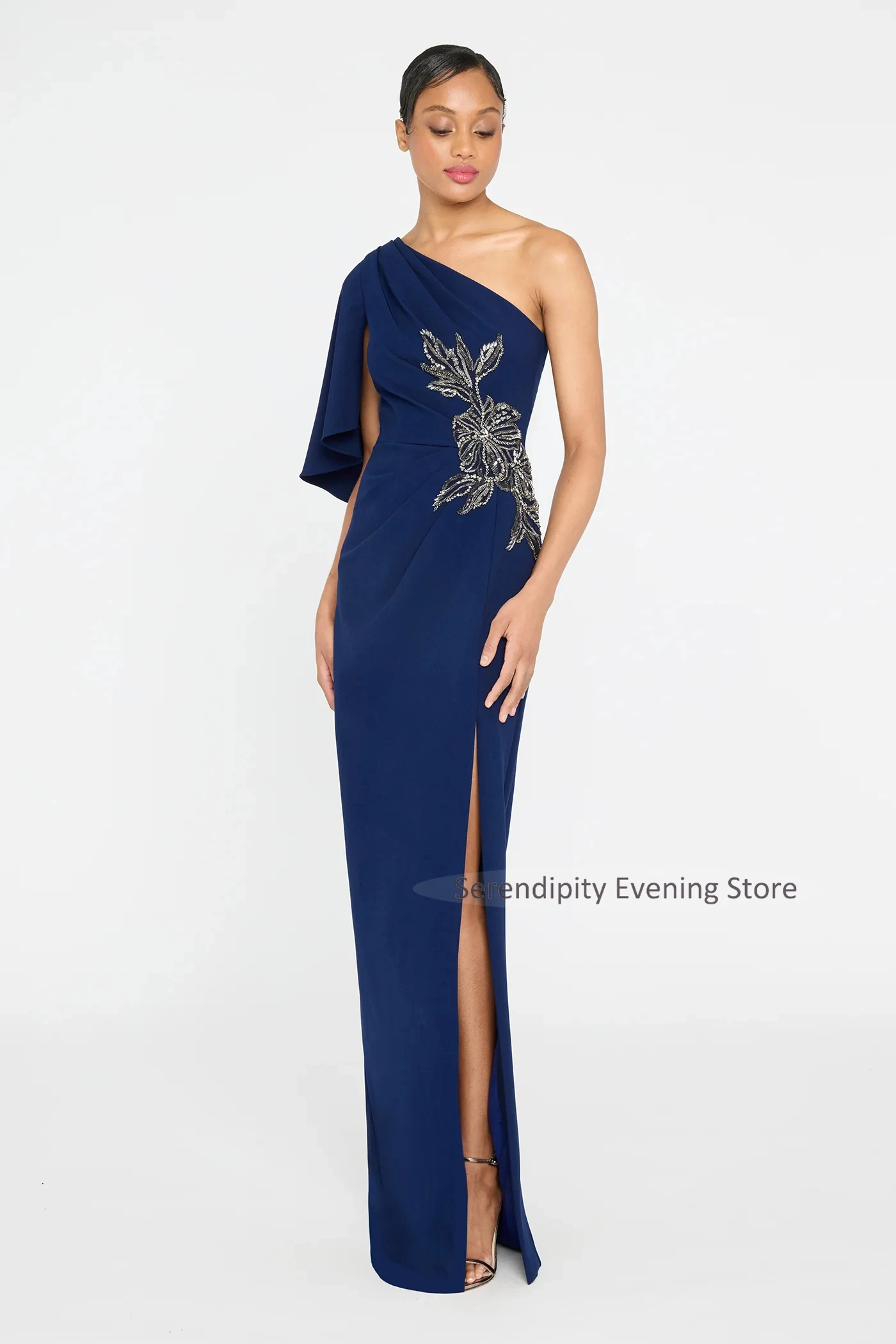 One Shoulder Sleeve Mother of the Bride Dresses for Women Luxury Navy Blue Beaded Wedding Guest Dress Side Slit Party Gowns Long