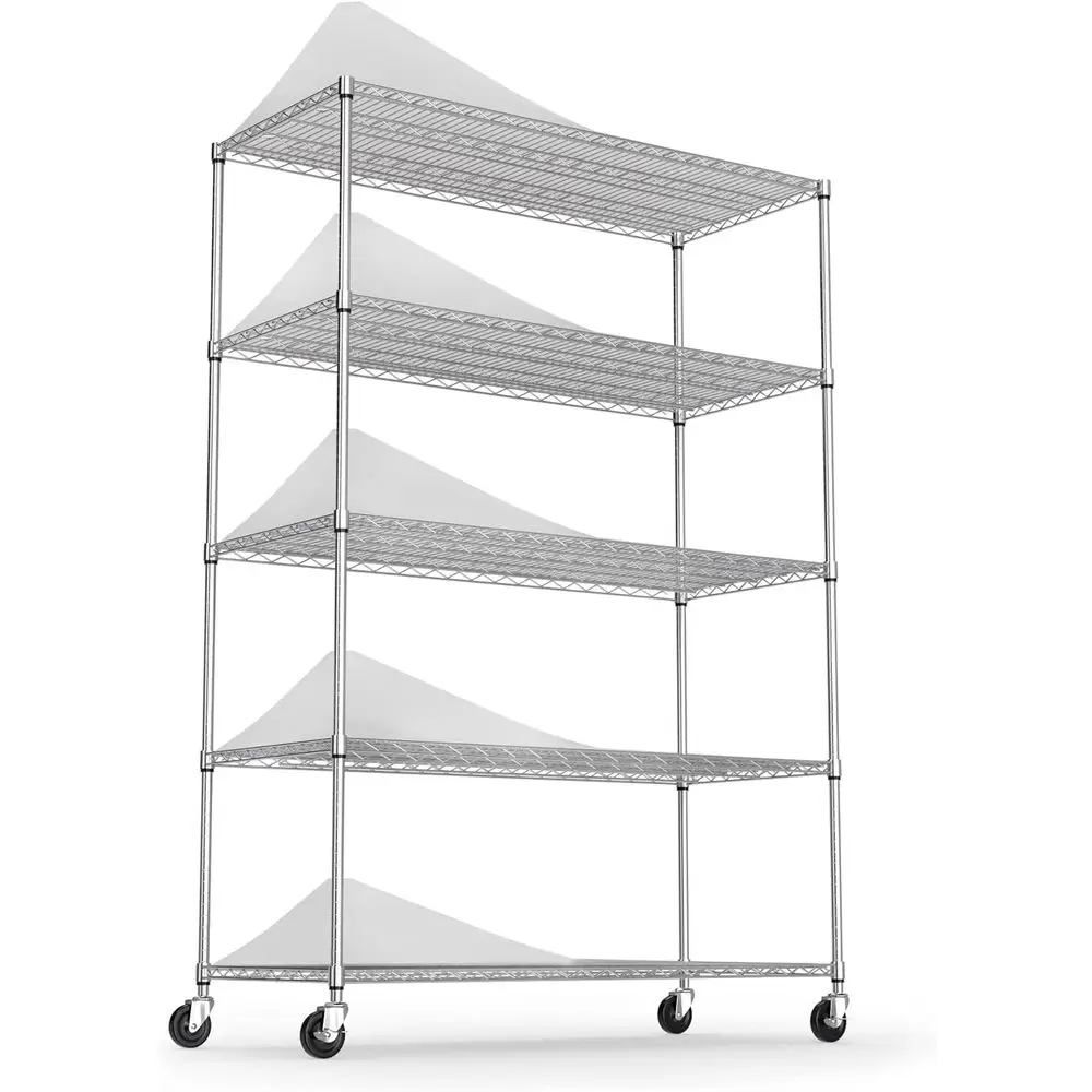 5-Tier Heavy-Duty Adjustable Metal Storage Rack with Wheels, 6000lbs Capacity, 82H x 48L x 24D, Chrome Finish