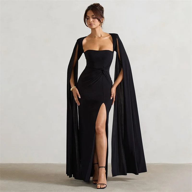 Red Black Long Sleeves Square Neck Women\'s Cape Prom Dress Side Split Pleated Party Gown Slim Fit Formal Red Carpet Robe Skirt