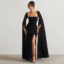 Red Black Long Sleeves Square Neck Women's Cape Prom Dress Side Split Pleated Party Gown Slim Fit Formal Red Carpet Robe Skirt